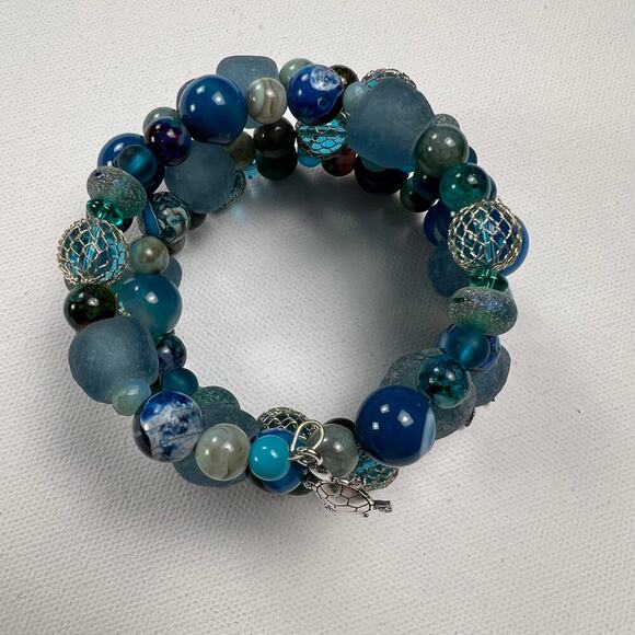 Hand Beaded Coil Statement Bracelet Beachy Turquoise Beads and Mixed Metals - Picture 1 of 10